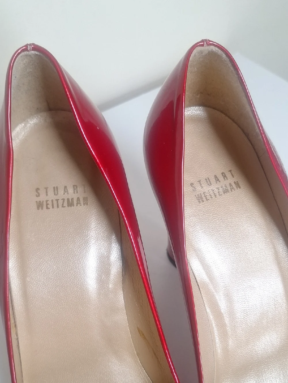 Stuart Weirzman Peep Toe Red Patent Block Heels Size 9.5 - Picture 11 of 11